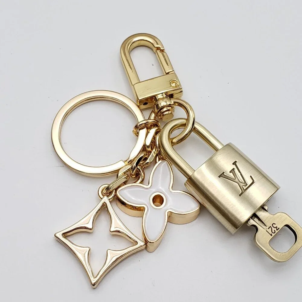 Louis Vuitton Gold Padlock Key 🔒 Authentic LV Charm + Unbranded Flower Keychain